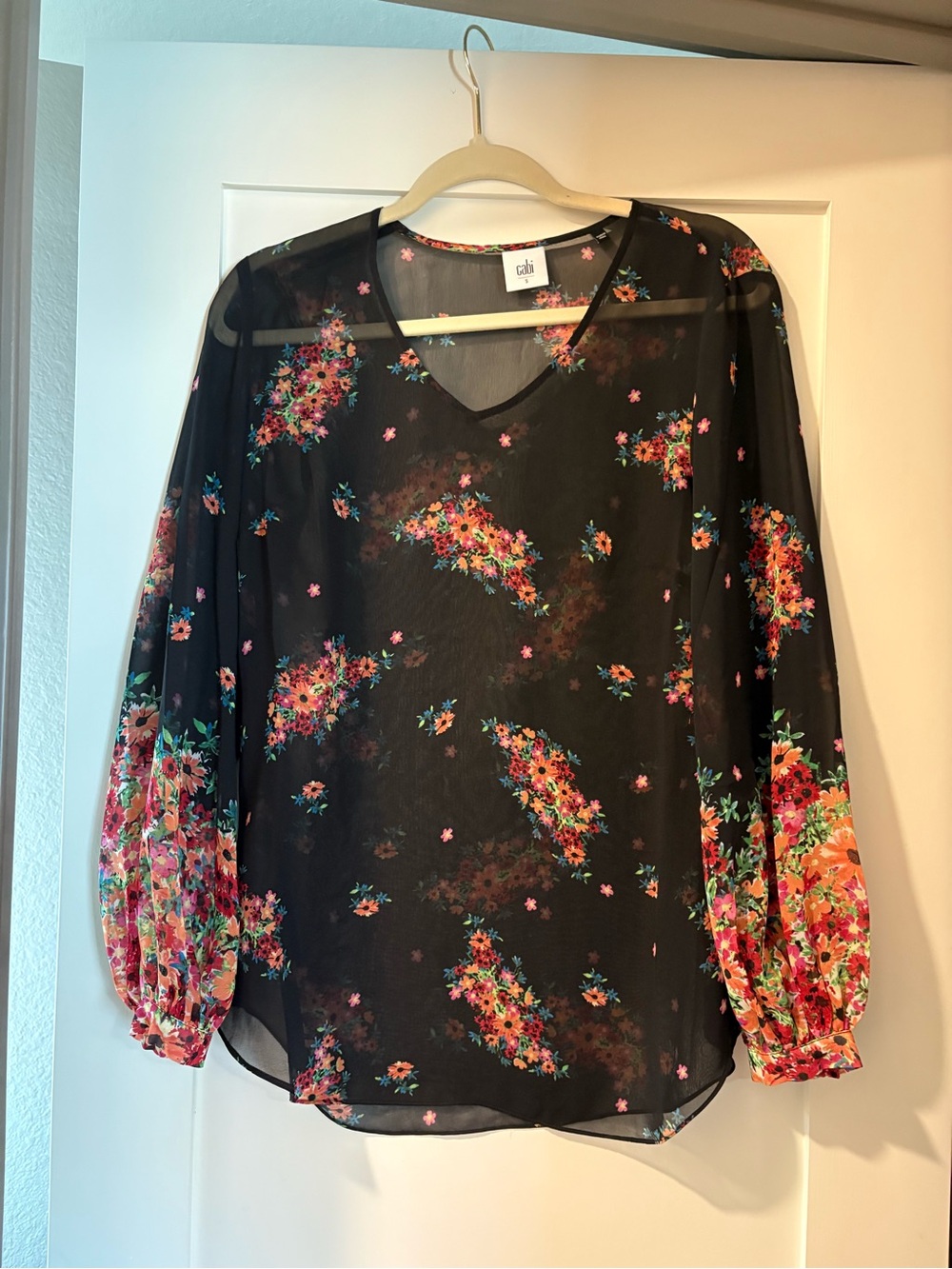 CAbi Black Sheer Floral V-Neck Blouse with Bright Bouquet Print
